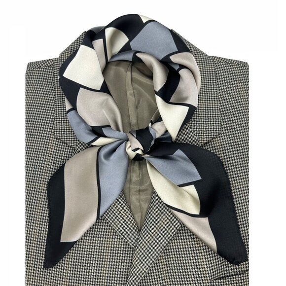 ✨Luxury Silky Square Scarf Black Gray Beige Geometric Block Print Versatile Wrap - Picture 1 of 6